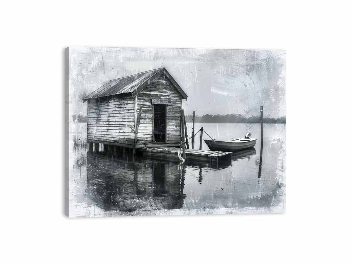 Fishing Shack balck & white Canvas Art Print