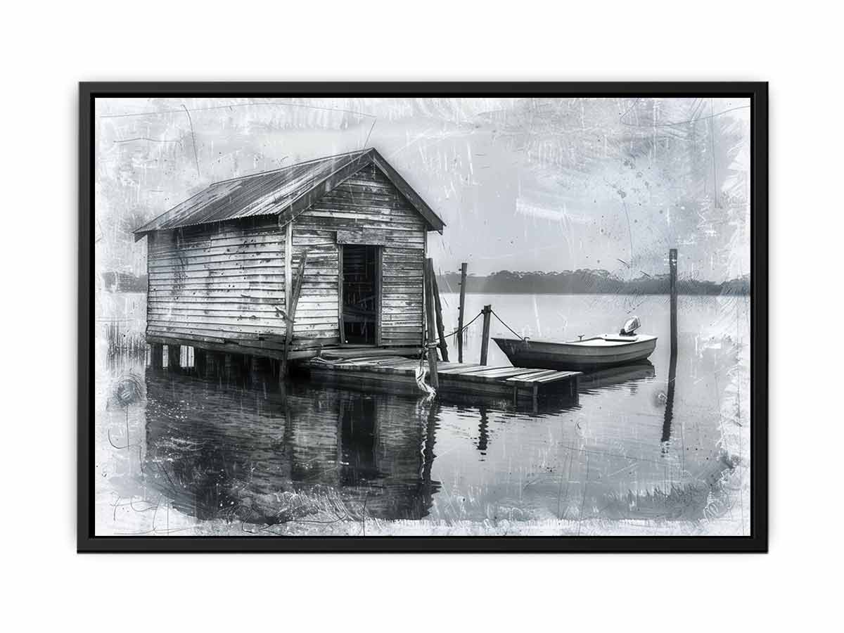 Fishing Shack  balck & white  Canvas Art Print